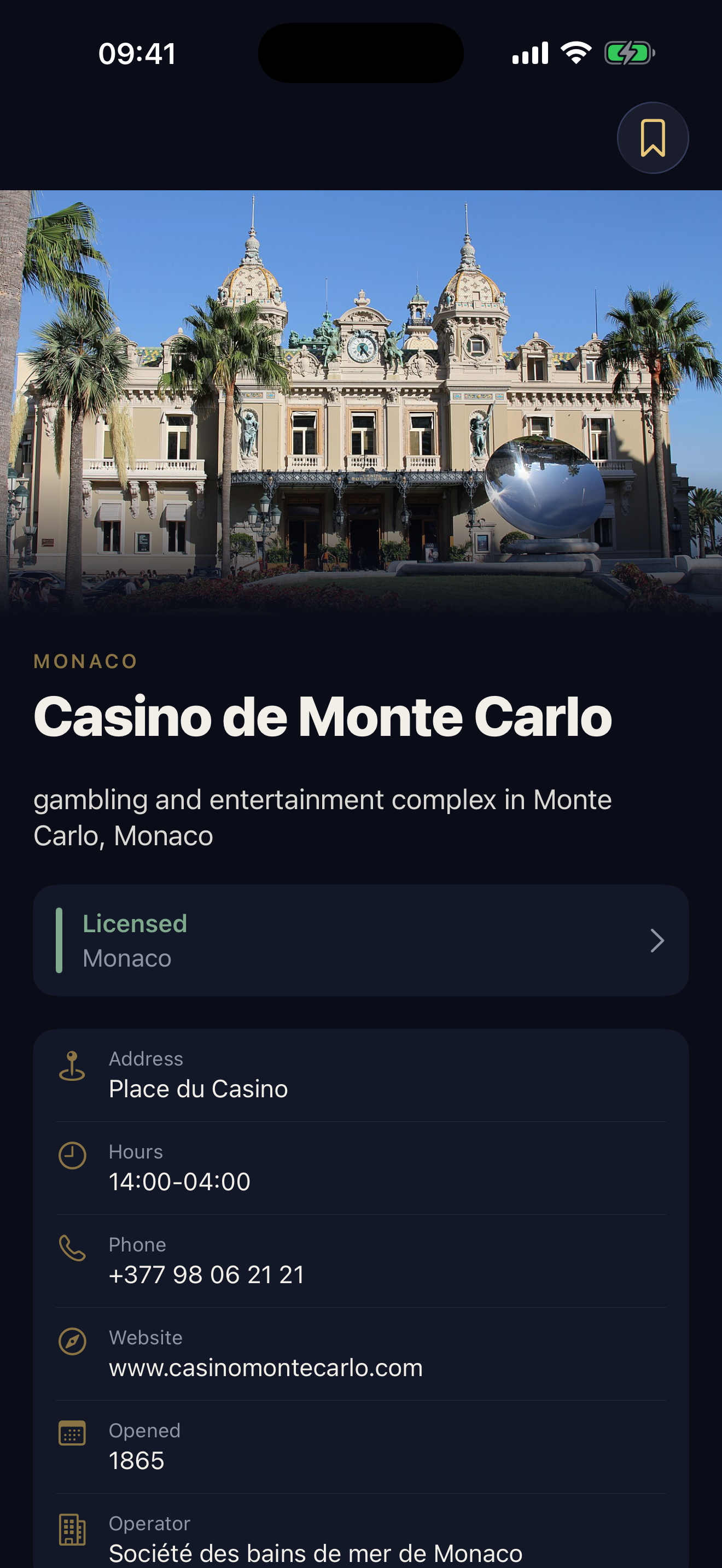 Detail screen for the Casino de Monte Carlo showing hours, address and licence status