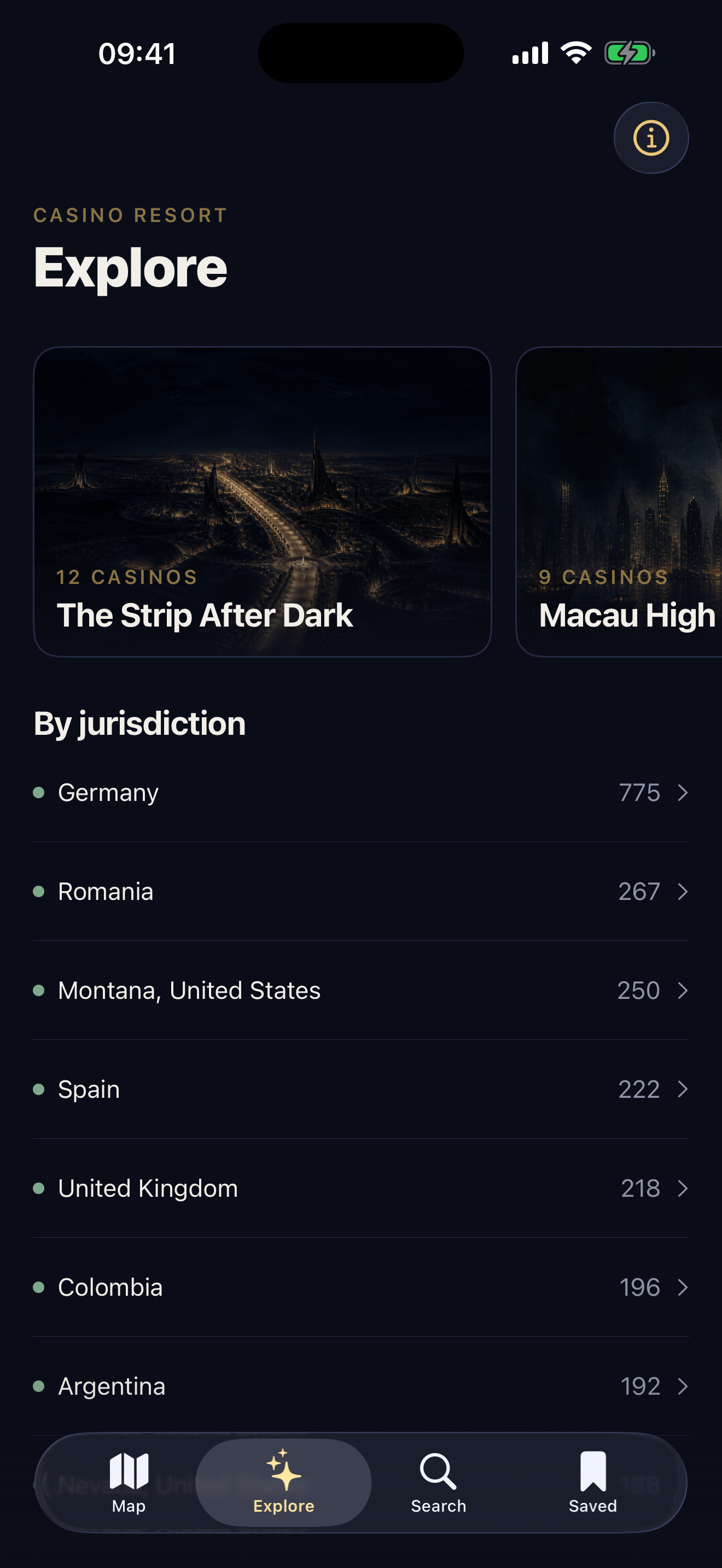Explore feed with editorial collections and a list of jurisdictions