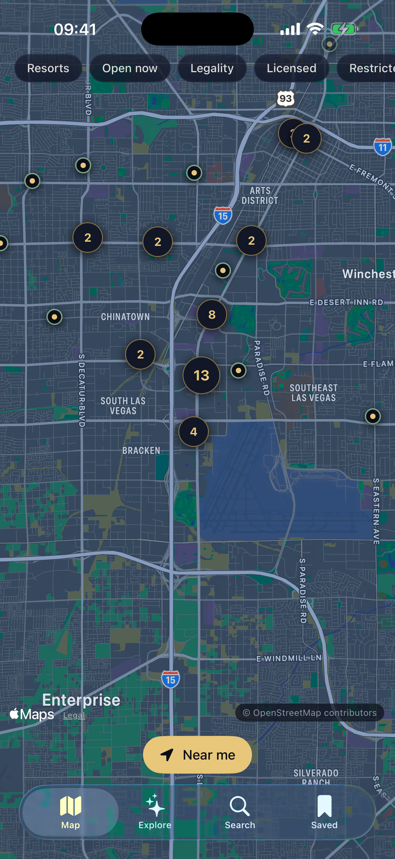 The map screen showing casinos clustered along the Las Vegas Strip